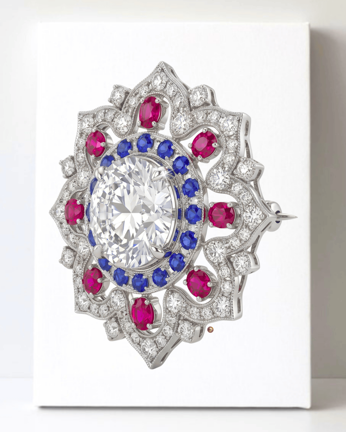 Dazzling Silver Sapphire, Ruby and Diamond Brooch/Pin Canvas Wall Art 8.5x11.5-5676