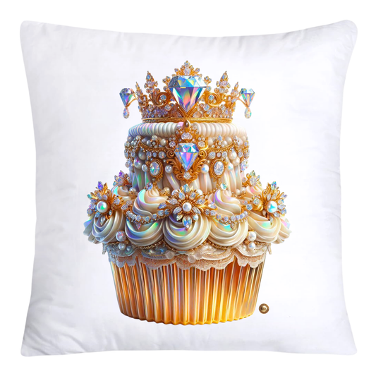 Decorative pillow with a cupcake design featuring crystals and a crown on a white background