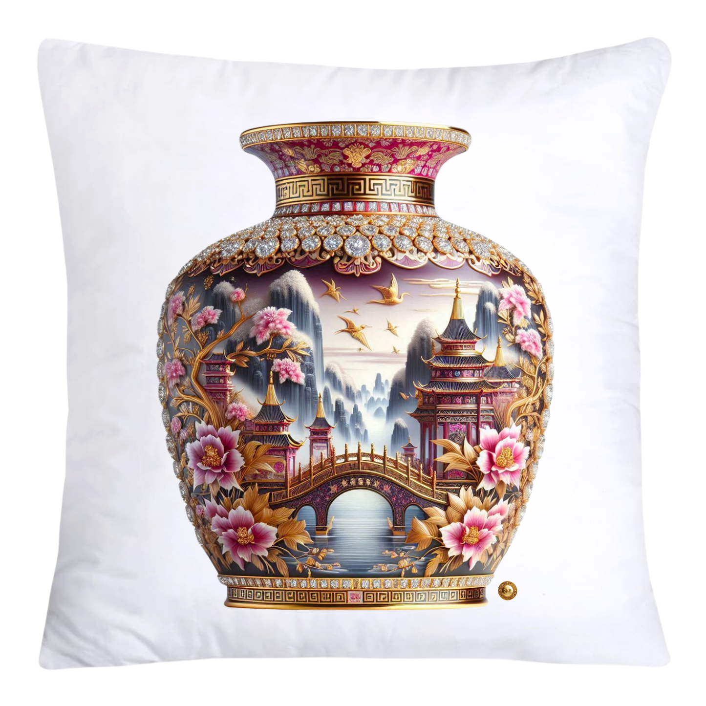 Pink/Maroon and Gold Willow Chinoiserie Vase Throw Pillow Covers-5888