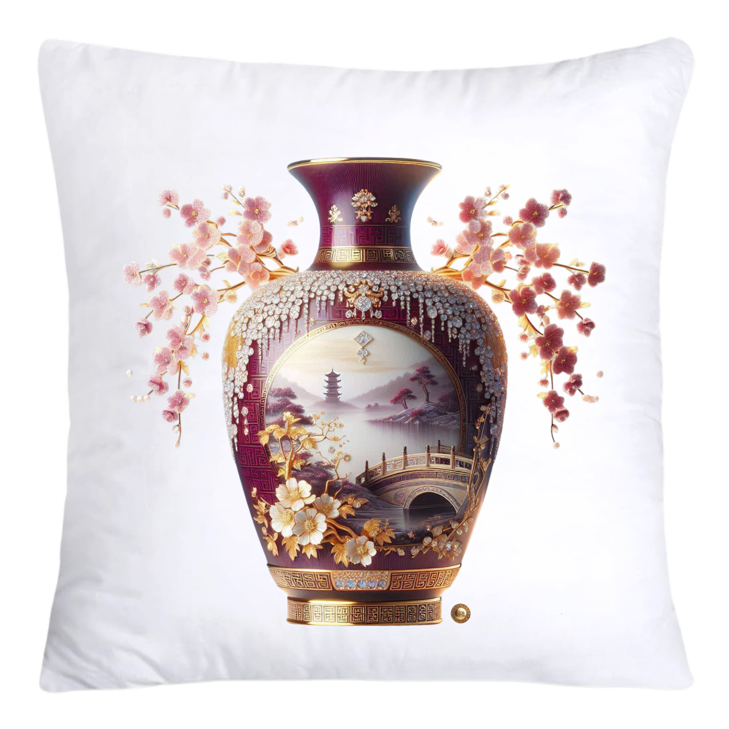 Maroon and Gold Willow Chinoiserie Vase Throw Pillow Covers-5863