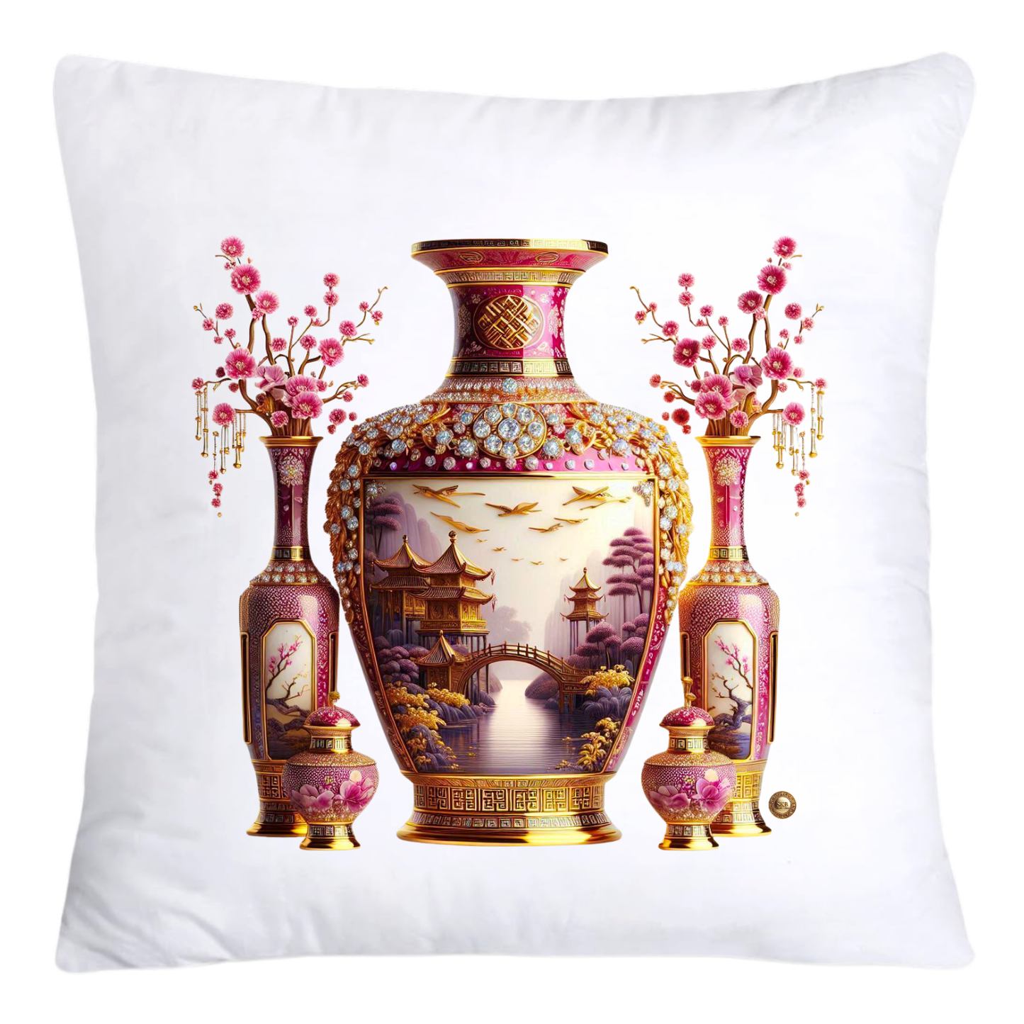 Pink/Maroon and Gold Willow Chinoiserie Vase Throw Pillow Covers-5883