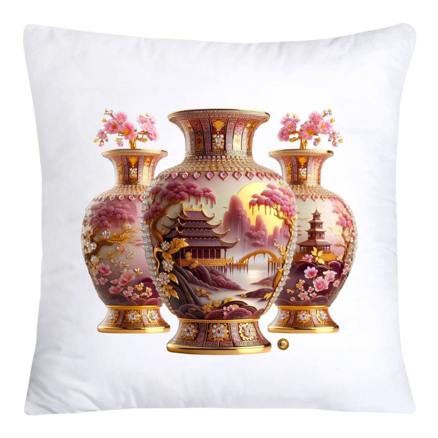 Pink/Maroon and Gold Willow Chinoiserie Vase Throw Pillow Covers-5887