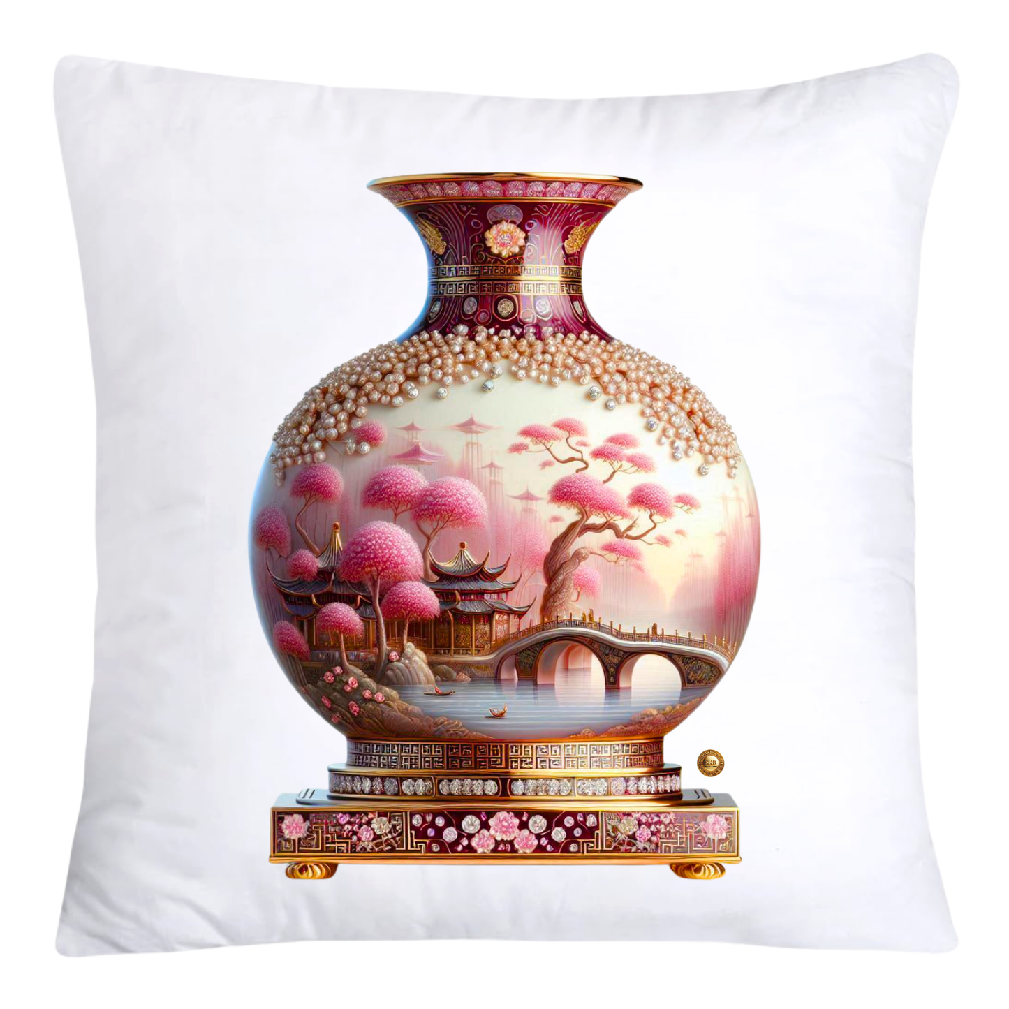 Pink/Maroon and Gold Willow Chinoiserie Vase Throw Pillow Covers-5879
