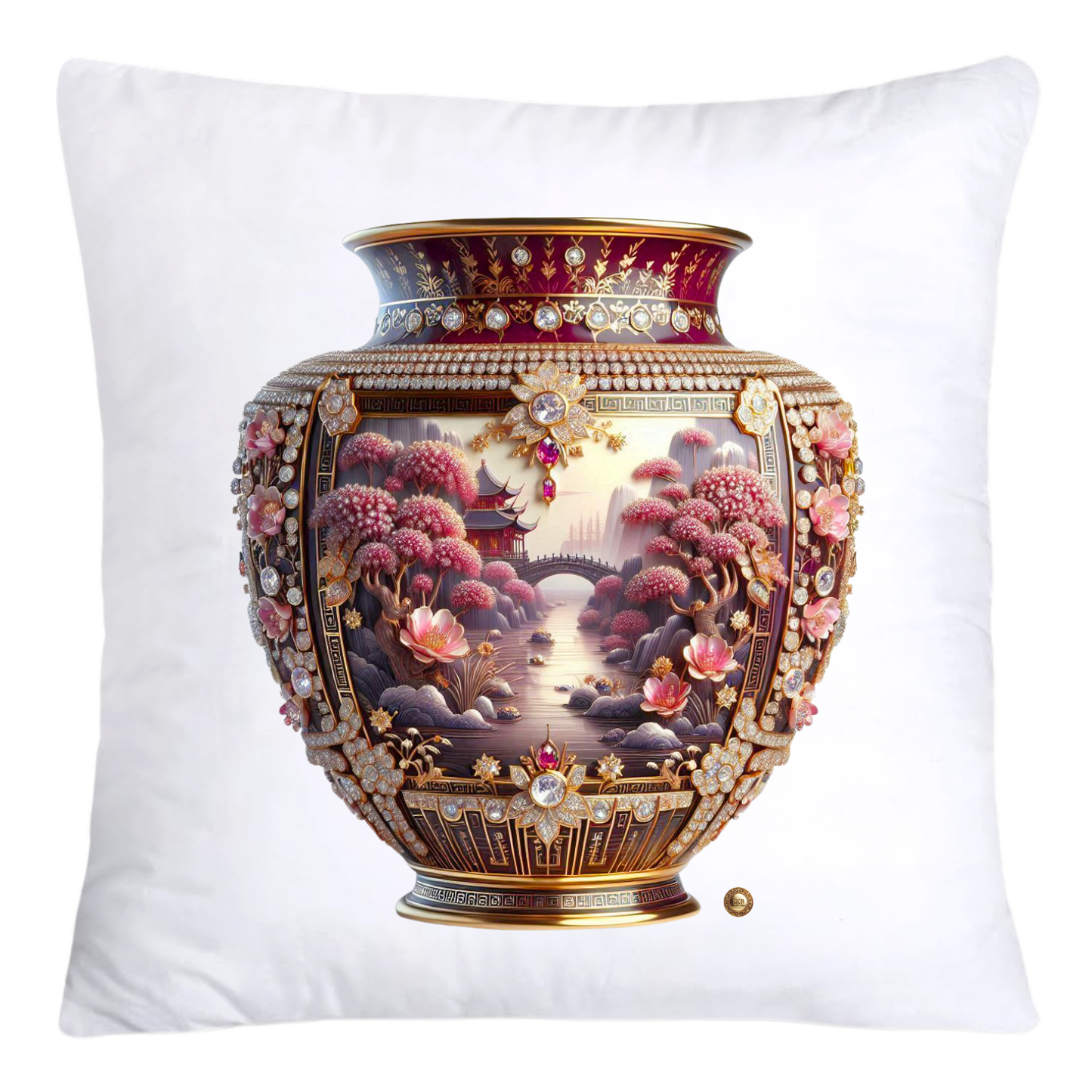 Pink/Maroon and Gold Willow Chinoiserie Vase Throw Pillow Covers-5870