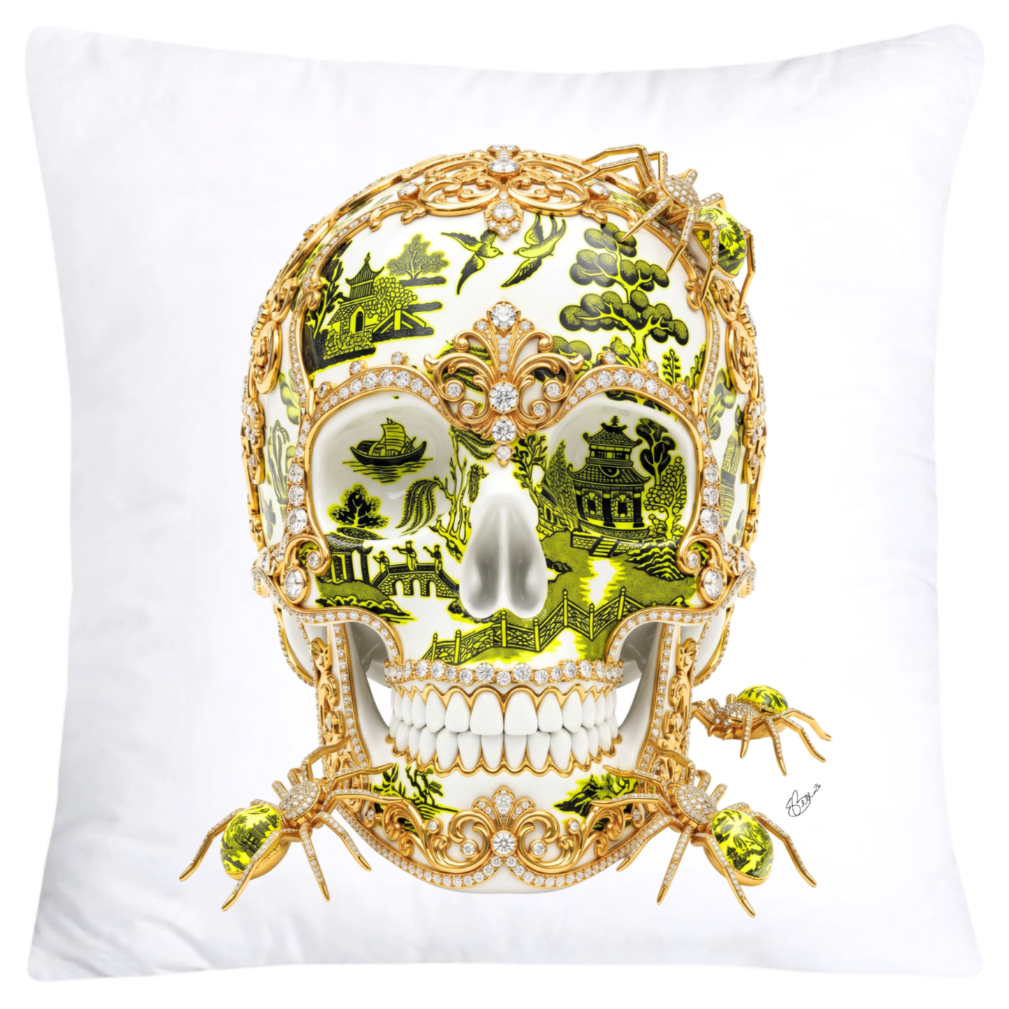 Neon Yellow, White and Black Willow Skull Pillow Covers 18x18-6151 SKB CREATIVE AI DESIGNS