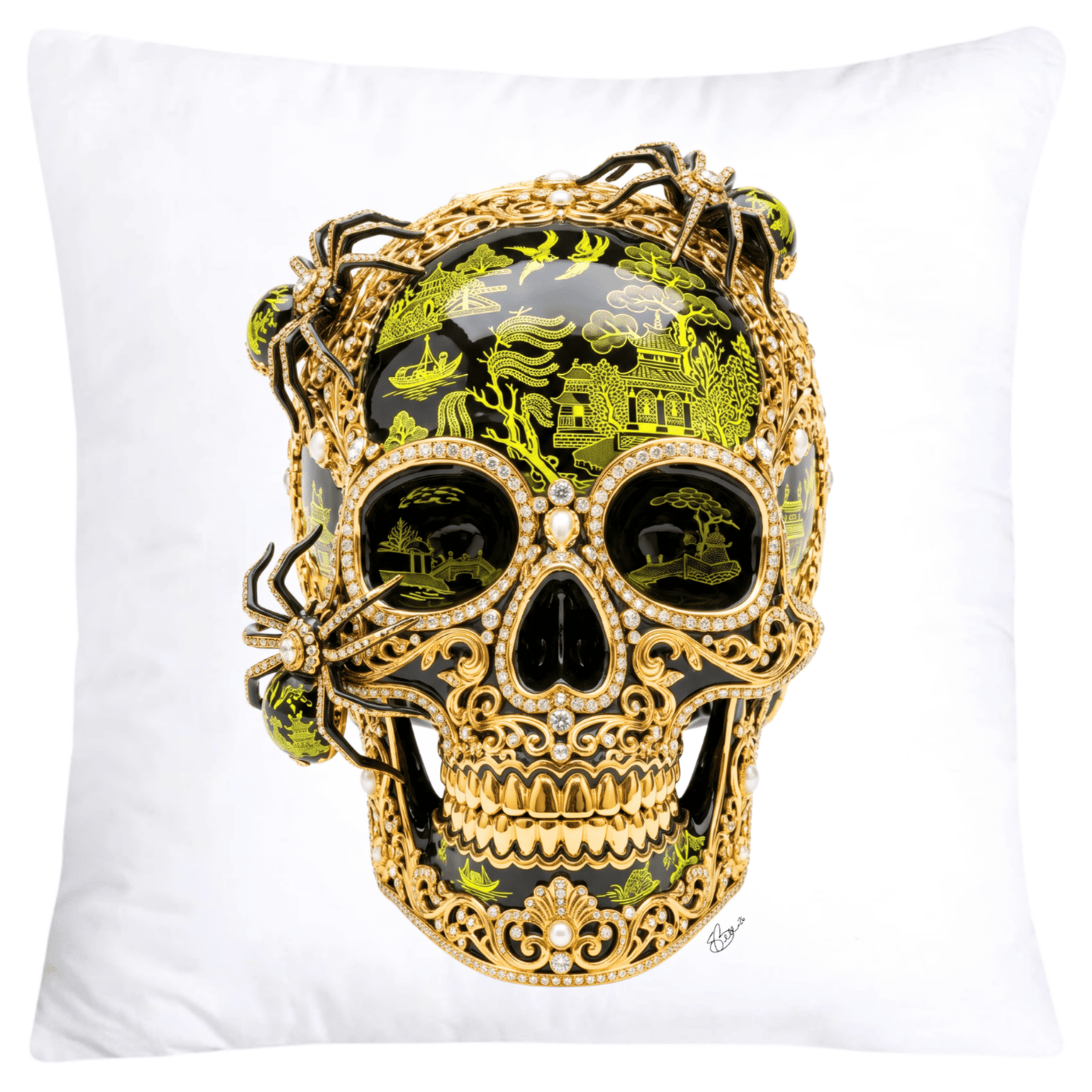 Black and Neon Yellow Willow Skull with Gorgeous Spider Pillow Covers 18x18-6148 SKB CREATIVE AI DESIGNS