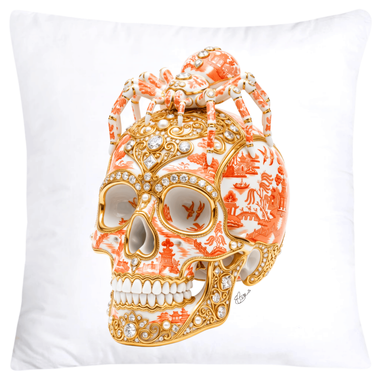 Orange Willow Skull with Gorgeous Spider Pillow Covers 18x18-6125