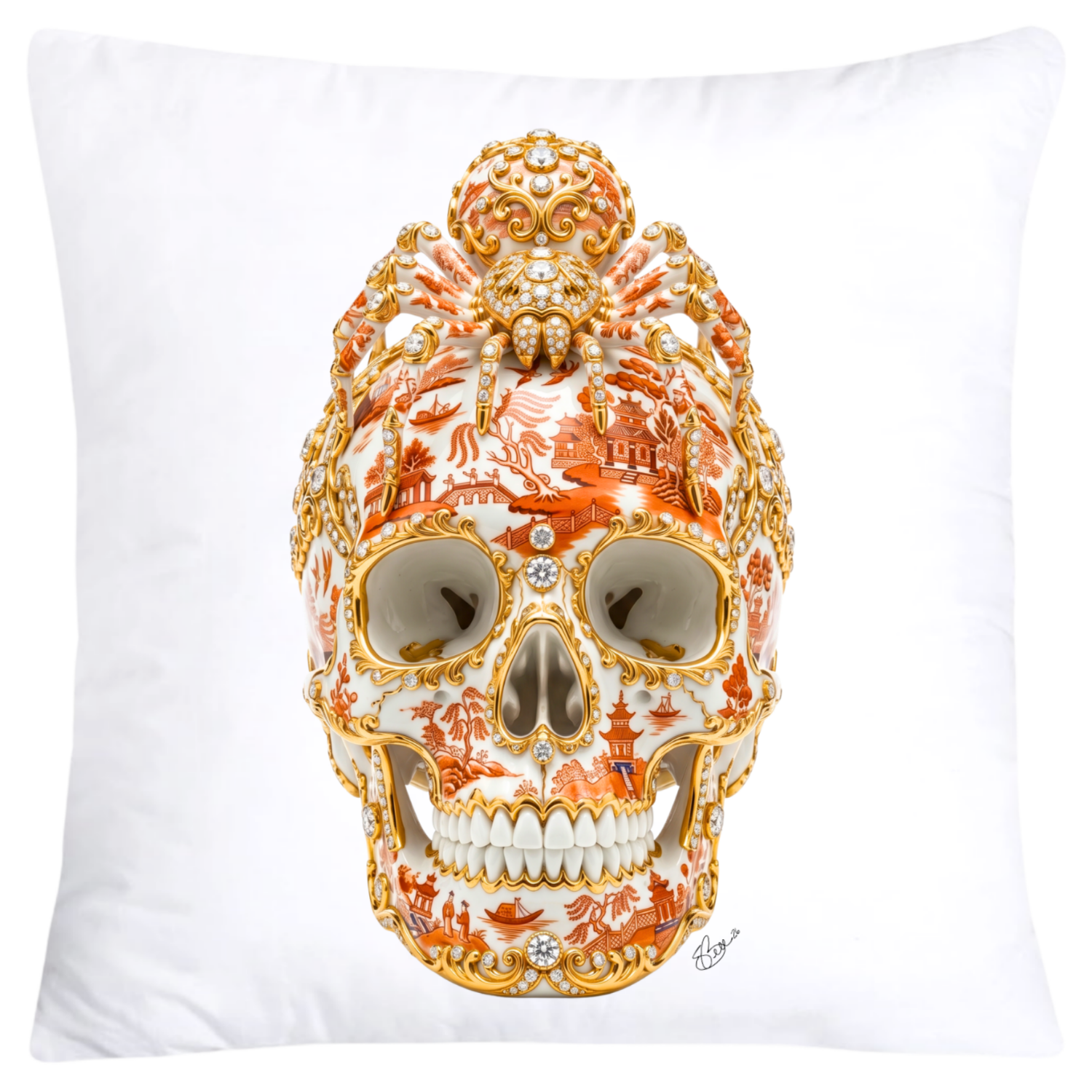 Orange Willow Skull with Gorgeous Spider Pillow Covers 18x18-6160