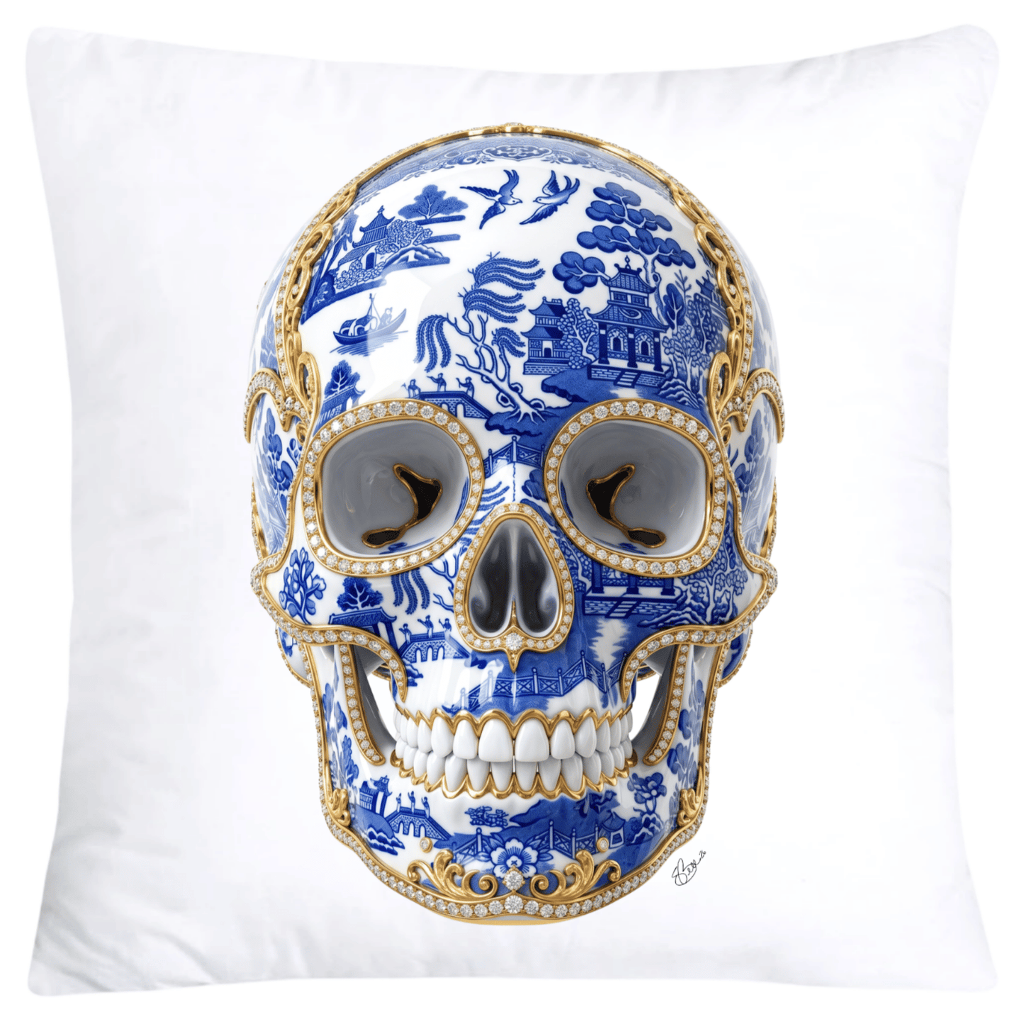 Blue Willow Skull Pillow Covers 18x18-6140 SKB CREATIVE AI DESIGNS