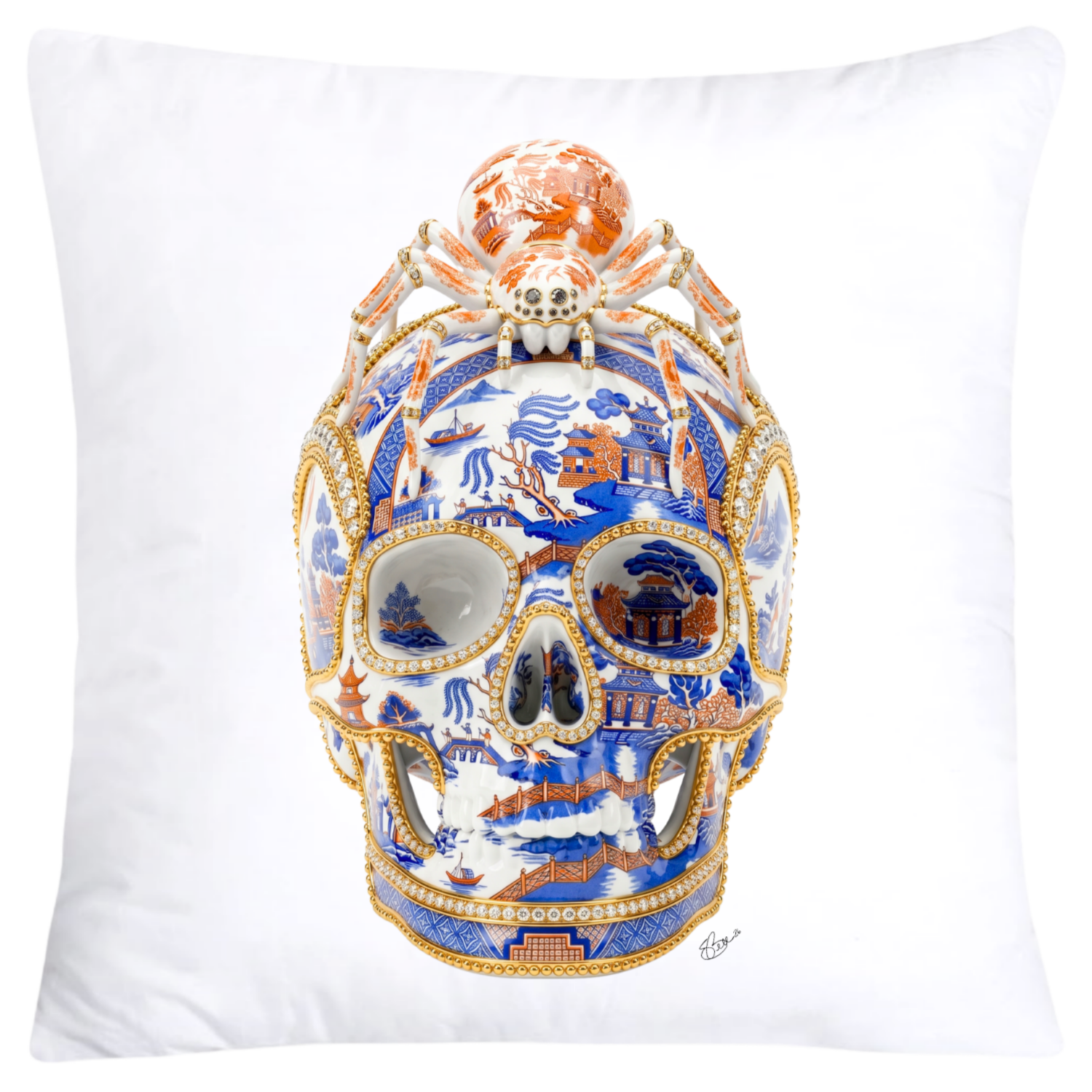 Blue and Orange Willow Skull with Gorgeous Spider Pillow Covers 18x18-6133