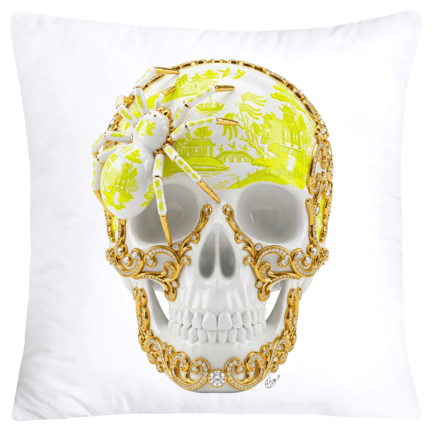 Neon Yellow Willow Skull with Gorgeous Spider Pillow Covers 18x18-6131 SKB CREATIVE AI DESIGNS