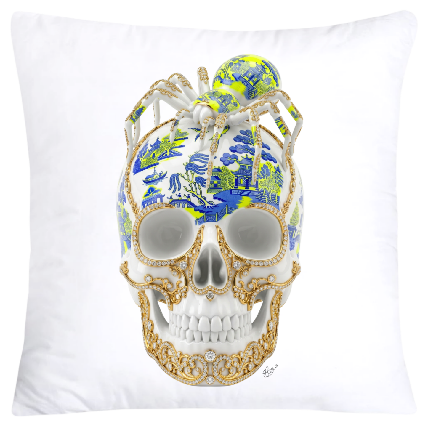 Blue and Neon Yellow Willow Skull with Gorgeous Spider Pillow Covers 18x18-6129 SKB CREATIVE AI DESIGNS