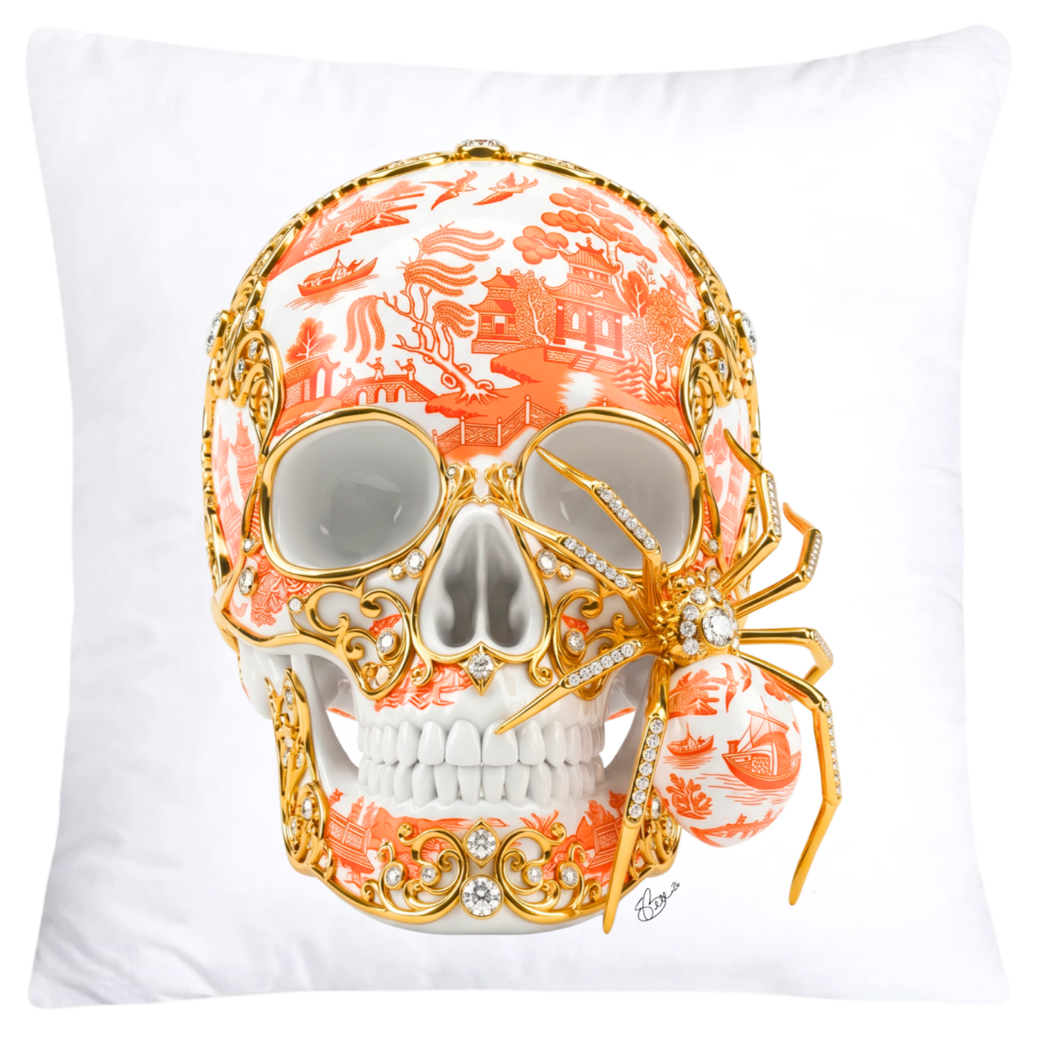Orange Willow Skull with Gorgeous Spider Pillow Covers 18x18-6161