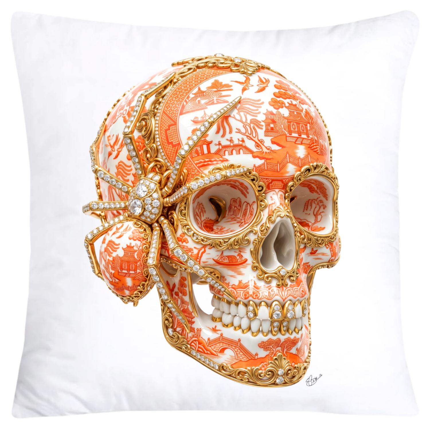 Orange Willow Skull with Gorgeous Spider Pillow Covers 18x18-6132