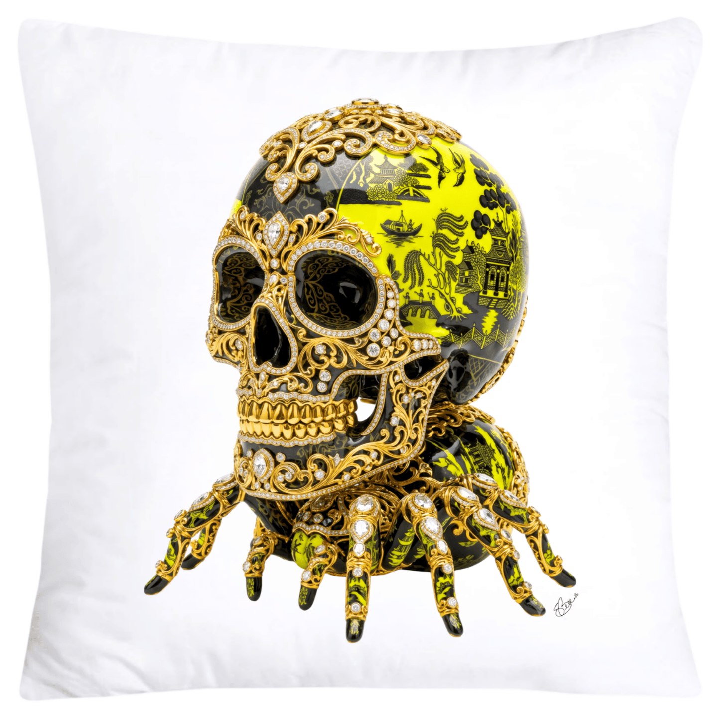 Black and Neon Yellow Willow Skull with Gorgeous Spider Pillow Covers 18x18-6146 SKB CREATIVE AI DESIGNS