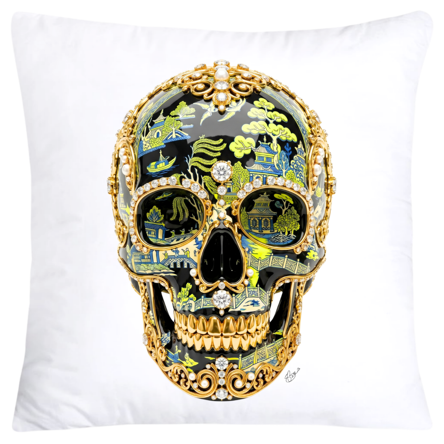Blue, Black and Neon Yellow Willow Skull Pillow Covers 18x18-6150 SKB CREATIVE AI DESIGNS