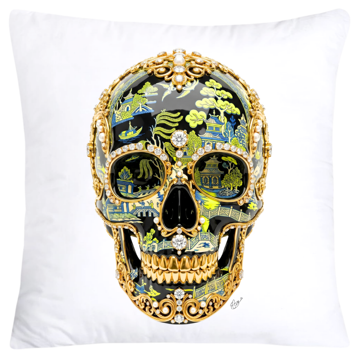 Blue, Black and Neon Yellow Willow Skull Pillow Covers 18x18-6150