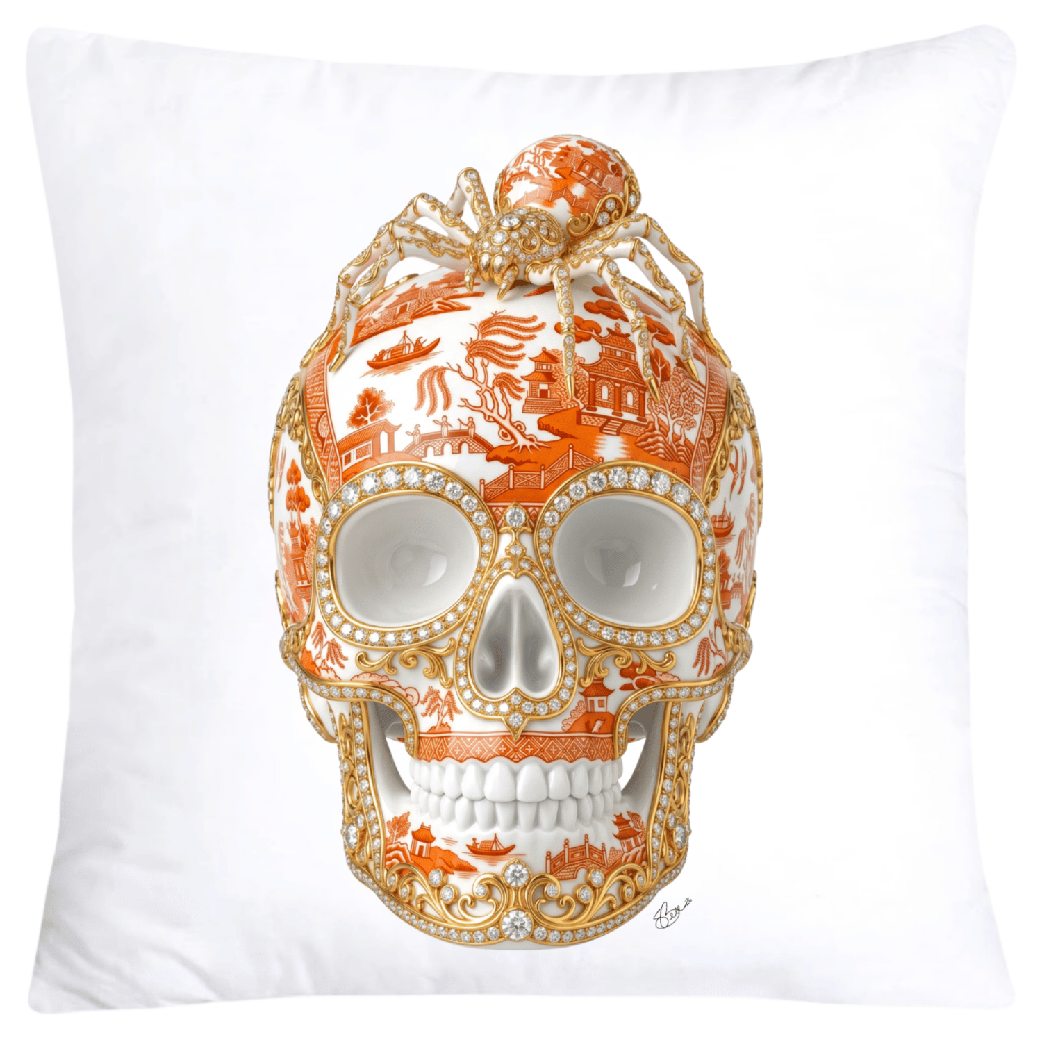 Orange Willow Skull with Gorgeous Spider Pillow Covers 18x18-6134