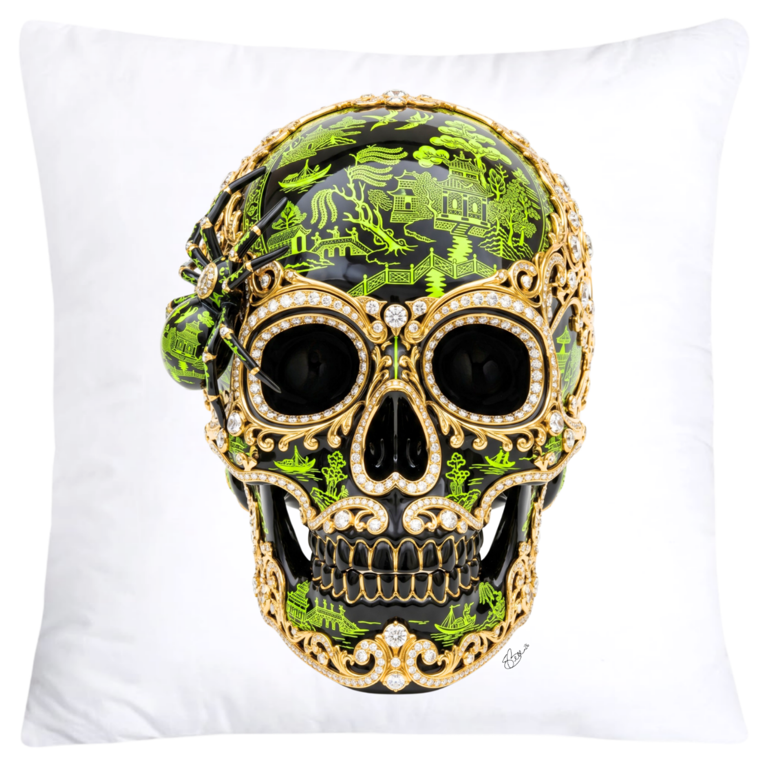Neon Lime and Black Willow Skull Pillow Covers 18x18-6152