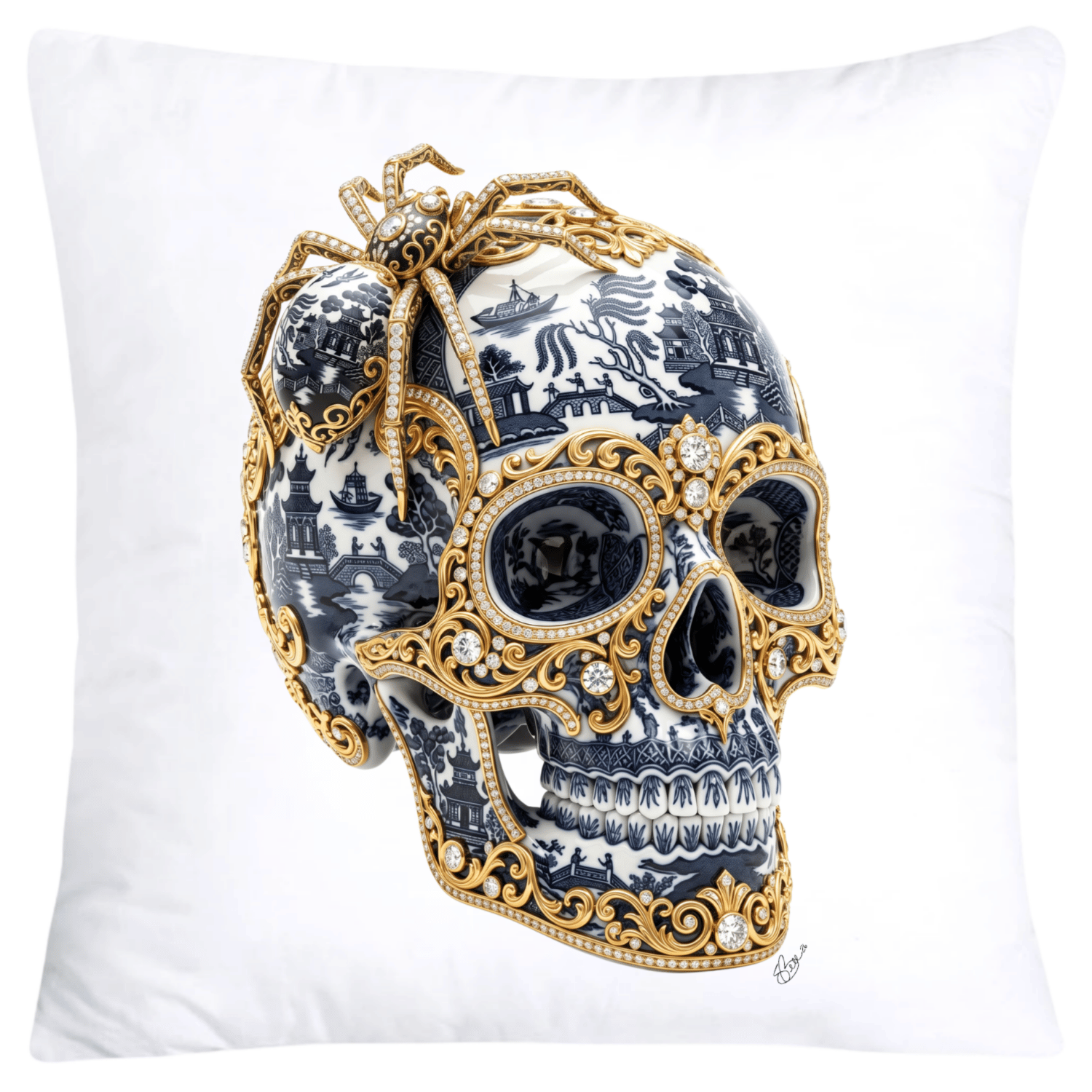Blue Willow Skull with Gorgeous Spider Pillow Covers 18x18-6137