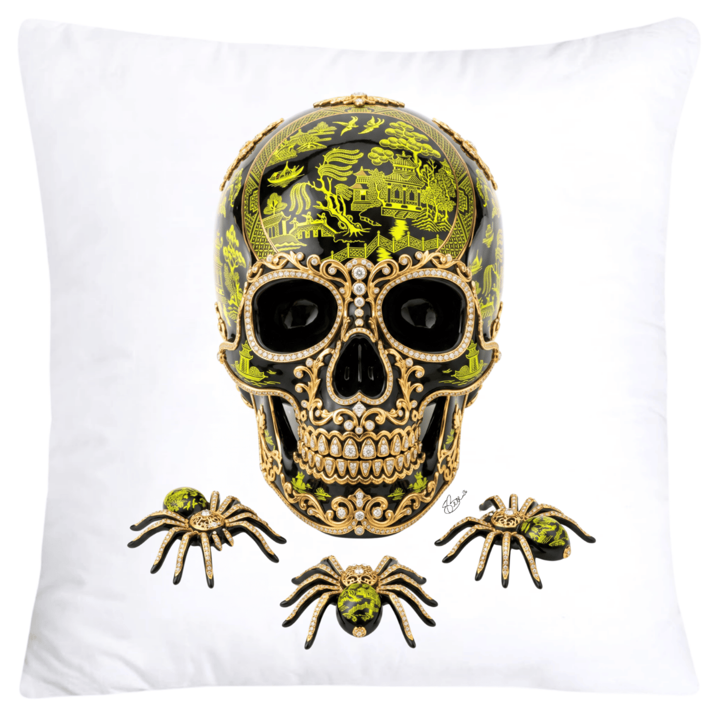 Black and Neon Yellow Willow Skull with Gorgeous Spider Pillow Covers 18x18-6149 SKB CREATIVE AI DESIGNS