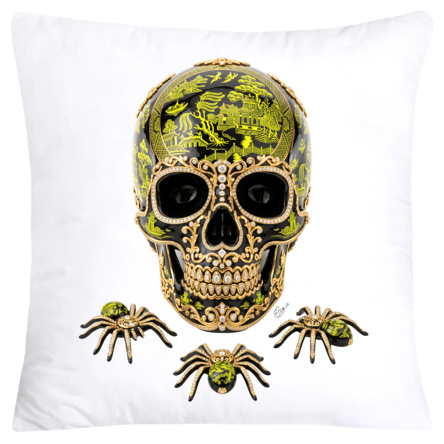 Black and Neon Yellow Willow Skull with Gorgeous Spider Pillow Covers 18x18-6149