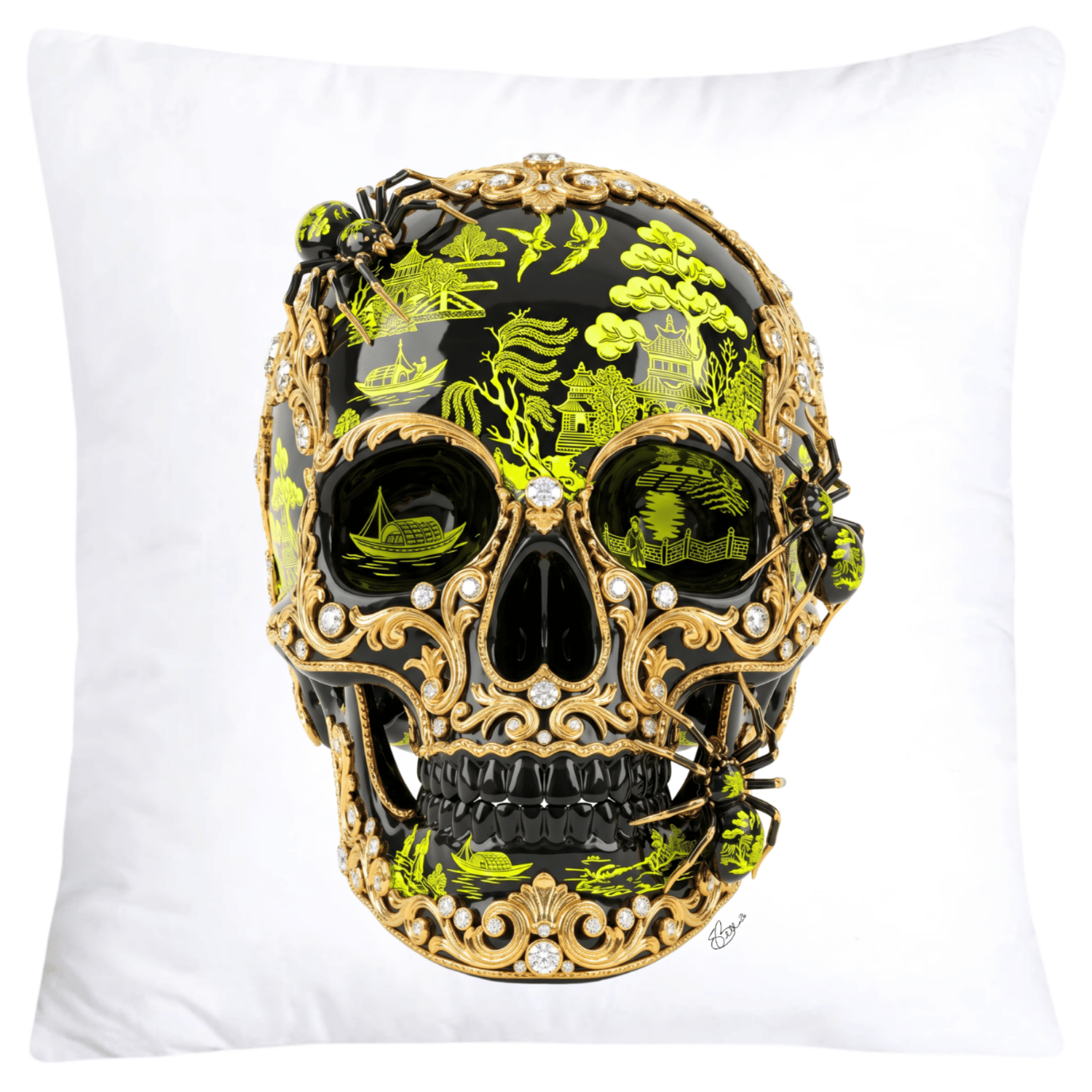 Black and Neon Yellow Willow Skull with Gorgeous Spider Pillow Covers 18x18-6147