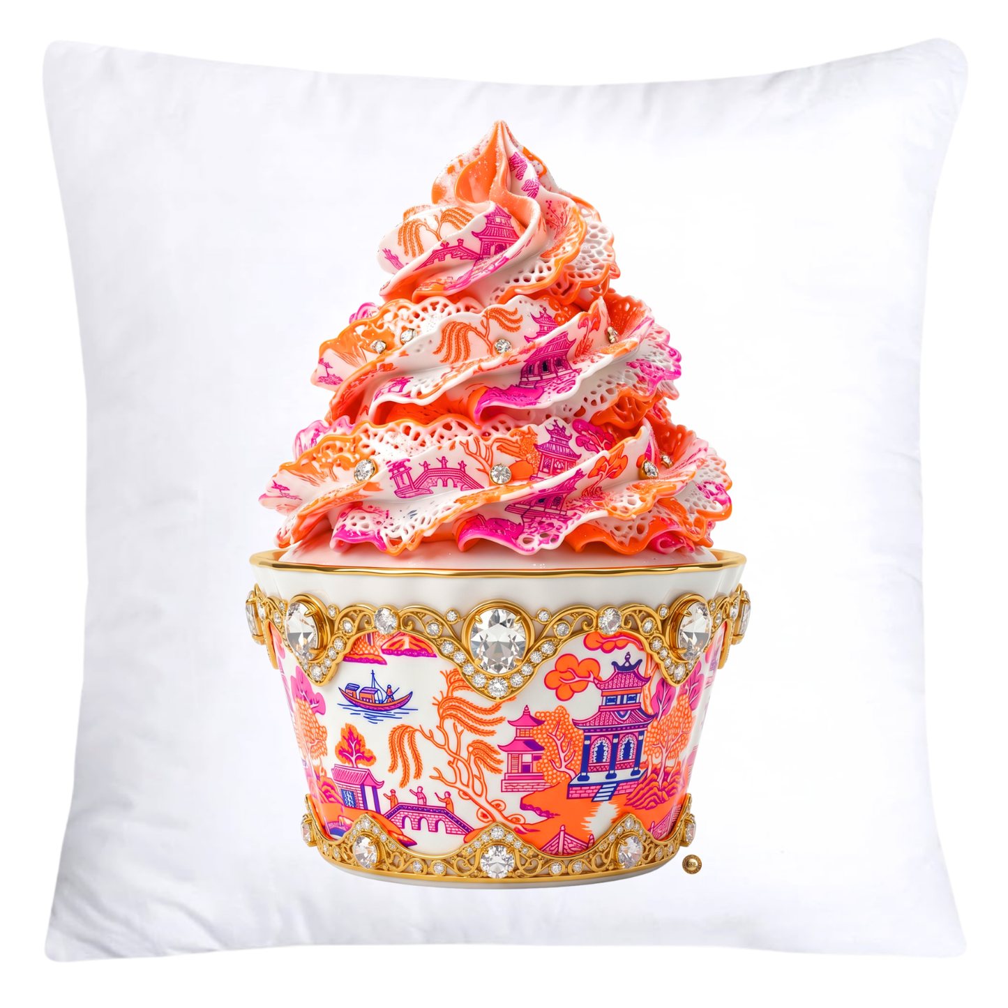 Blue, Hot Pink and Orange Willow Chinoiserie Cupcake Throw Pillow Covers-5803