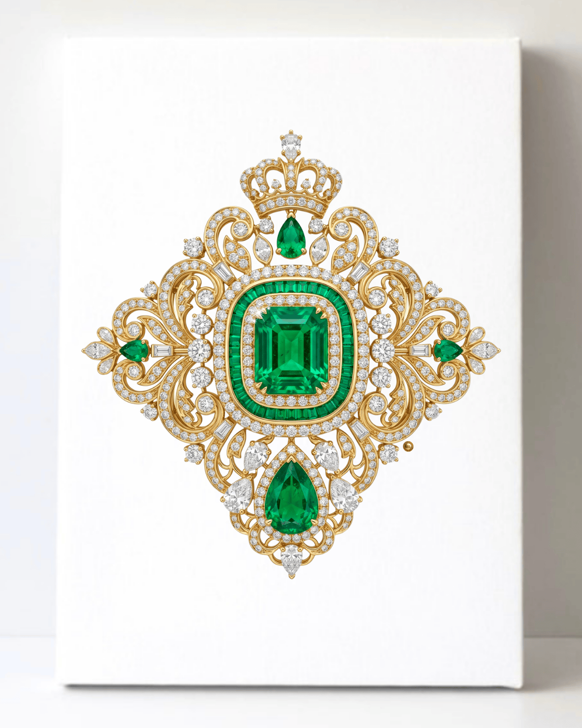 Dazzling Gold Emerald and Diamond Brooch/Pin Canvas Wall Art 8.5x11.5-5695