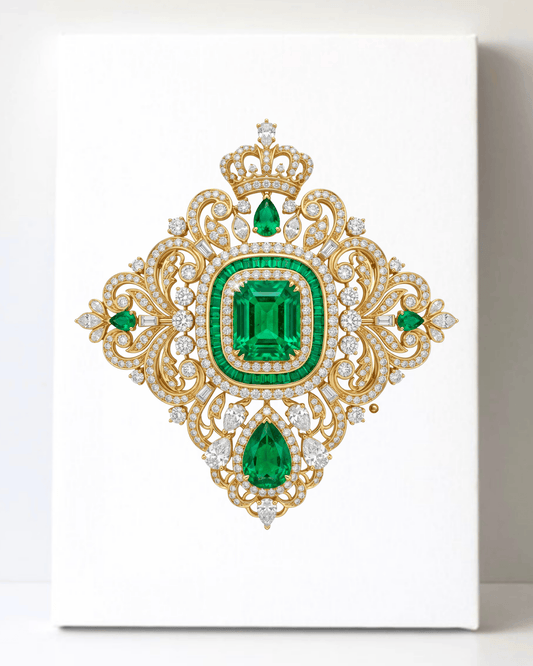Dazzling Gold Emerald and Diamond Brooch/Pin Canvas Wall Art 8.5x11.5-5695