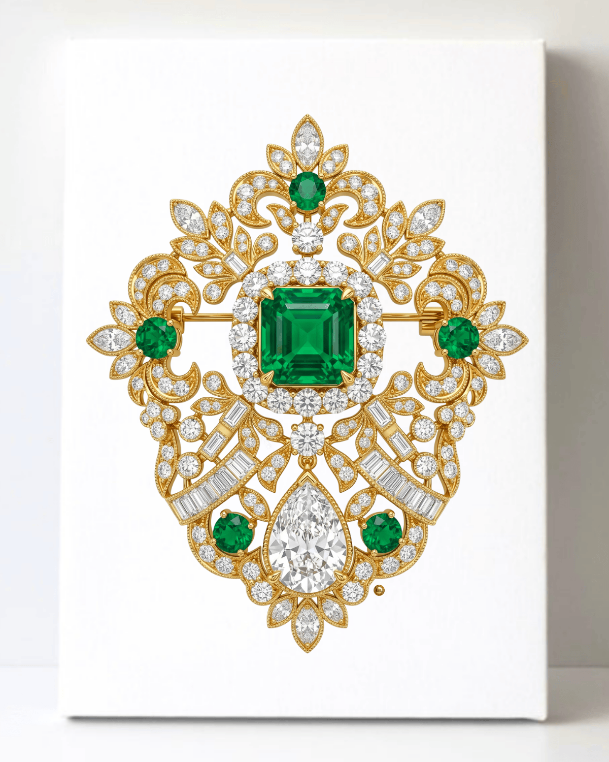 Dazzling Gold Emerald and Diamond Brooch/Pin Canvas Wall Art 8.5x11.5-5694