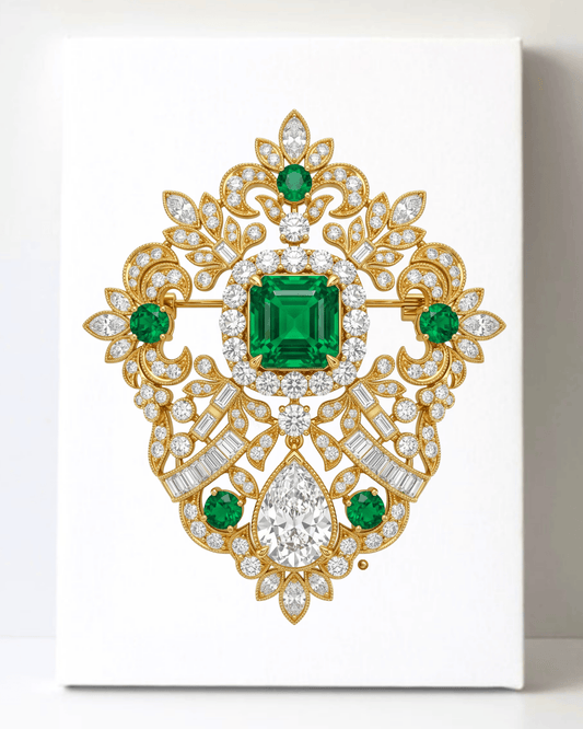 Dazzling Gold Emerald and Diamond Brooch/Pin Canvas Wall Art 8.5x11.5-5694