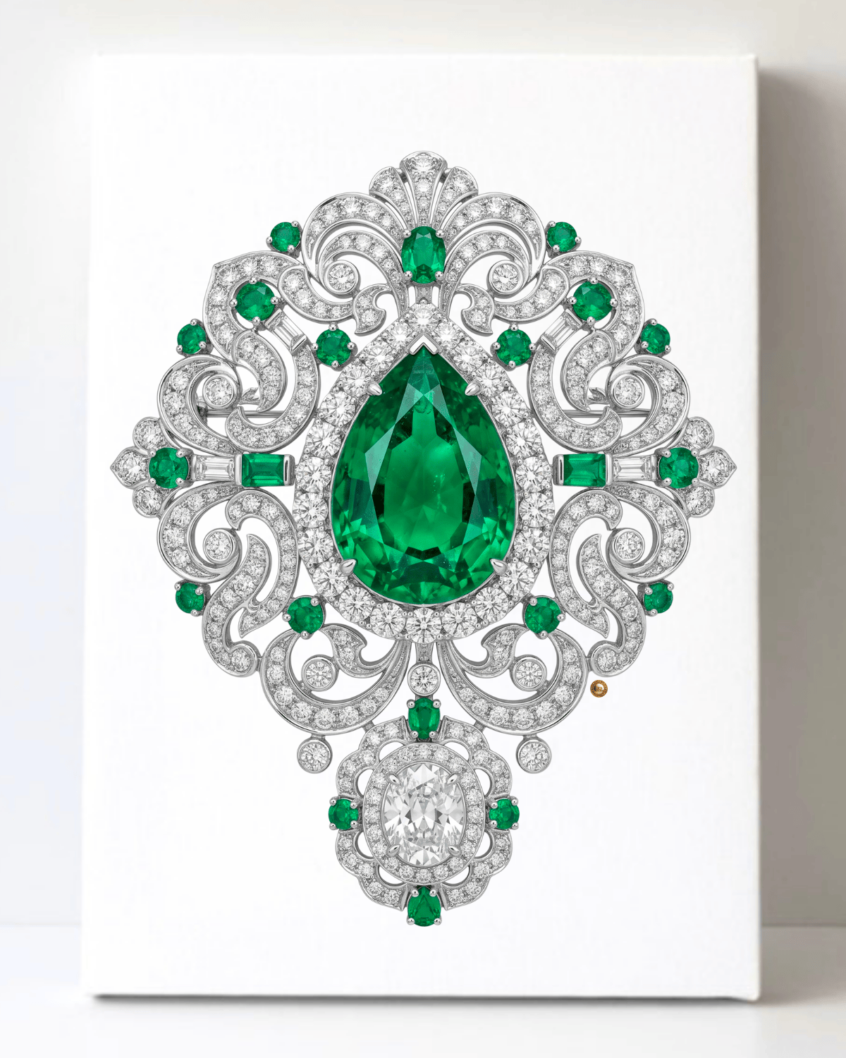 Dazzling Silver Emerald and Diamond Brooch/Pin Canvas Wall Art 8.5x11.5-5692