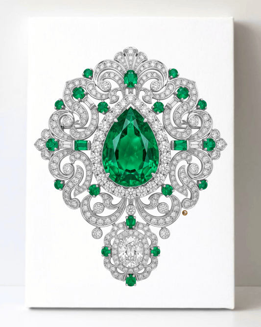 Dazzling Silver Emerald and Diamond Brooch/Pin Canvas Wall Art 8.5x11.5-5692