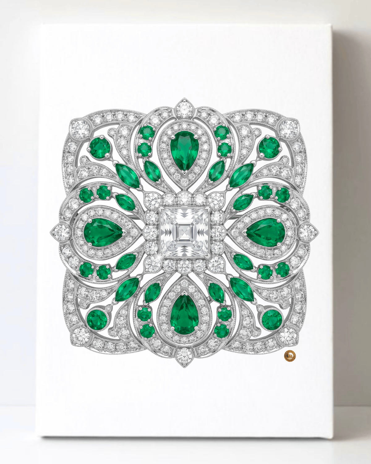Dazzling Silver Emerald and Diamond Brooch/Pin Canvas Wall Art 8.5x11.5-5693