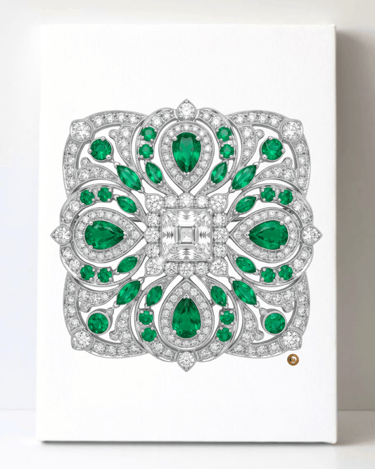 Dazzling Silver Emerald and Diamond Brooch/Pin Canvas Wall Art 8.5x11.5-5693