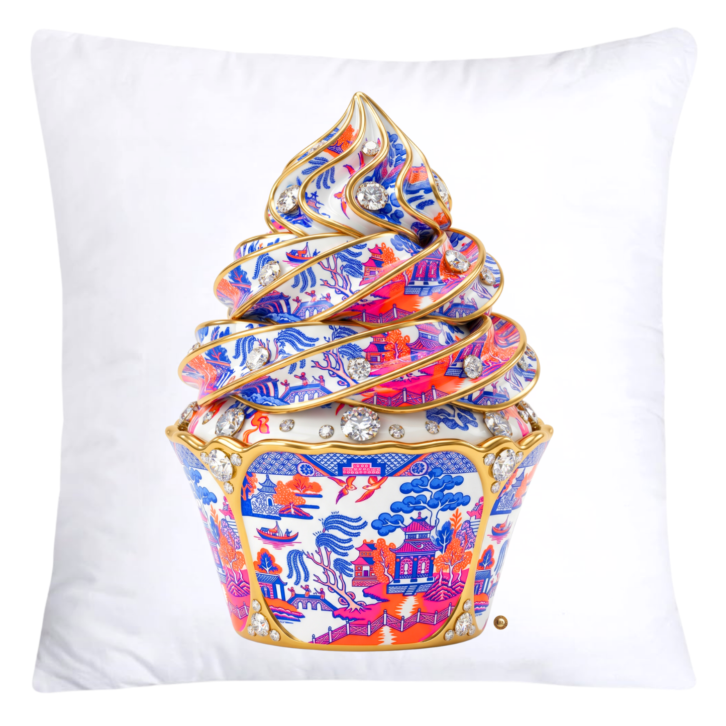 Blue, Hot Pink and Orange Willow Chinoiserie Cupcake Throw Pillow Covers-5799