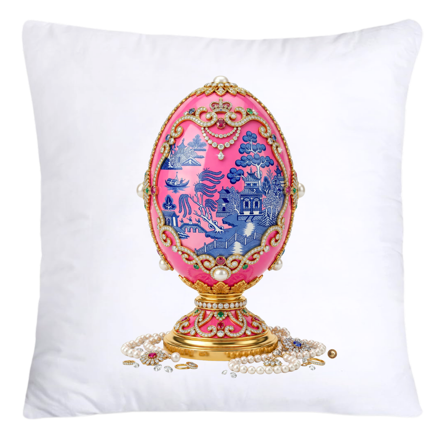 Blue and Pink Willow 18x18 Chinoiserie Egg Pillow Covers-4397