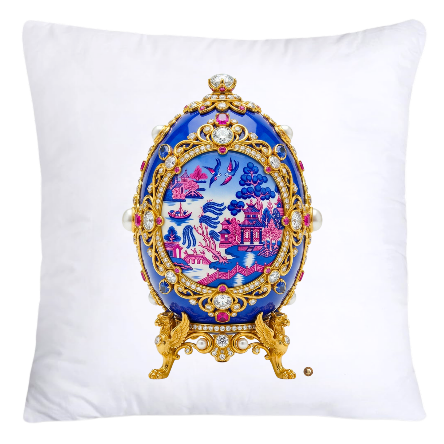 Blue and Pink Willow 18x18 Chinoiserie Egg Pillow Covers-4398