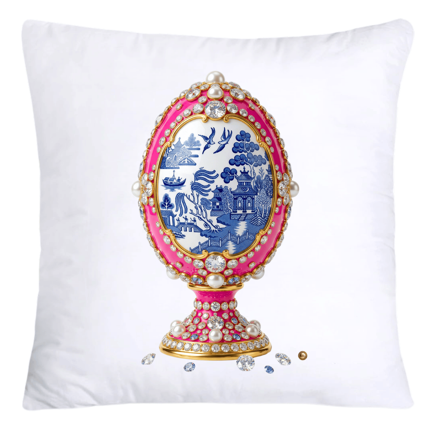 Blue and Pink Willow 18x18 Chinoiserie Egg Pillow Covers-4394