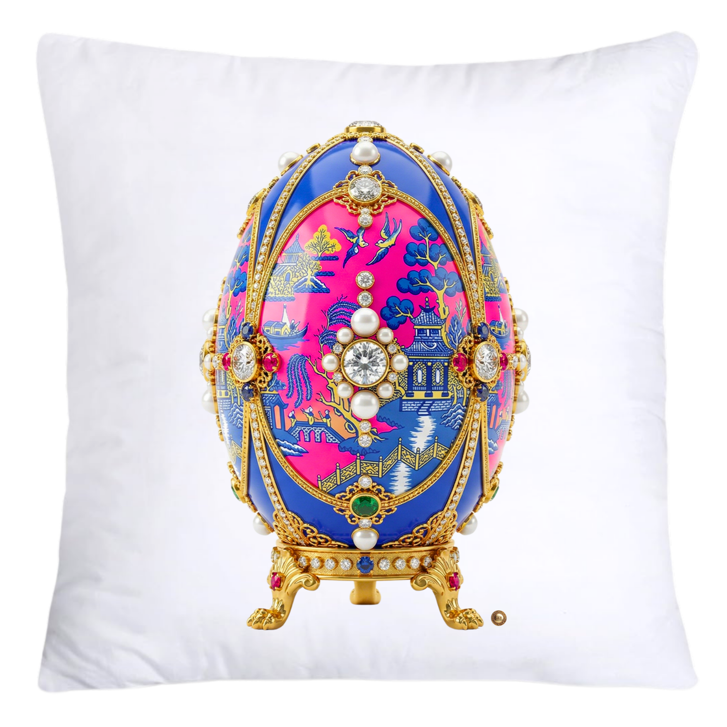 Blue and Pink Willow 18x18 Chinoiserie Egg Pillow Covers-4389