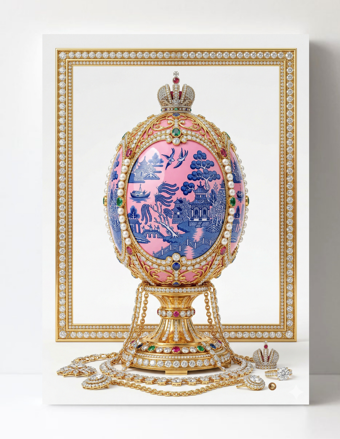 Blue and Pink Willow Inspired Faberge Egg Wall Art 8.5x11.5-4419