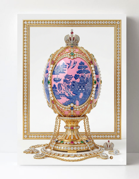 Blue and Pink Willow Inspired Faberge Egg Wall Art 8.5x11.5-4419